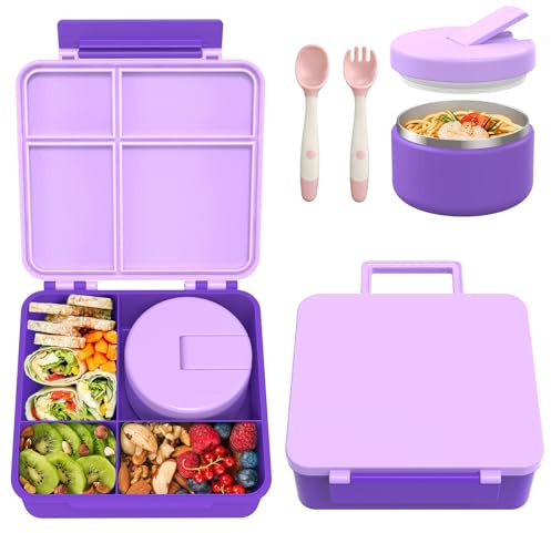 Itslife Fiambrera Infantil con 300ml Termo para Comida, Bento Box para Niños, Lunch Box con 4 Compartimentos y Cubiertos, sin BPA, Fiambrera para Niños a Prueba de Fugas, Morado