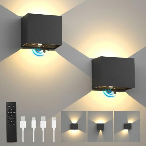 T-SUN Akku Wandleuchte Innen mit Bewegungsmelder & Fernbedienung, 3000K | Warmweiß Aufladbar Wandlampe Up and Down Wandleuchte,3 Modi,Timer,Helligkeit Einstellbar für Treppe Flur Wohnzimmer (2 Stück)
