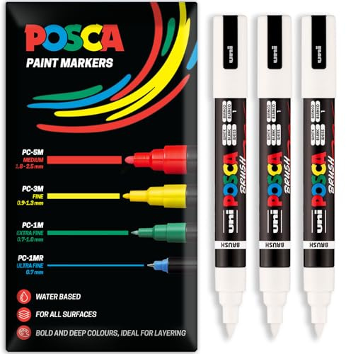 Posca Water Based Acrylic Paint Marker Pens | Multi Surface Use Permanent Paint Pen | Pack of 3 Pens in Envelope Gift Packaging | Glass, Fabric, Wood etc | Brush Nib PC-5BR, White