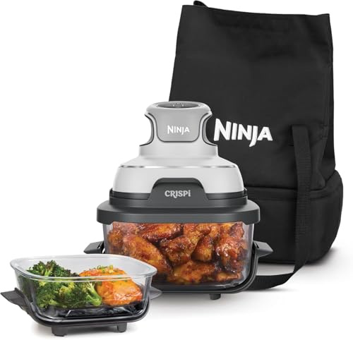 Ninja CRiSpi, Freidora de Aire Portátil, 3,8L y 1,4L, Blanco, FN102EU | 4 en 1: Freír con Aire, Asar, Mantener la Temperatura, Dorar, Compacta, 2 Recipientes de Cristal Extraíbles y Tapas, 1700W