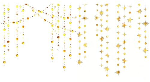 CYunhui Star Garland Bunting for Birthday Party, 4M Gold 2pcs | Birthday Bunting, Gold Star Garland with Shimmering Paper Stars, Hanging Decoration for Weddings and Outdoor Party Events.