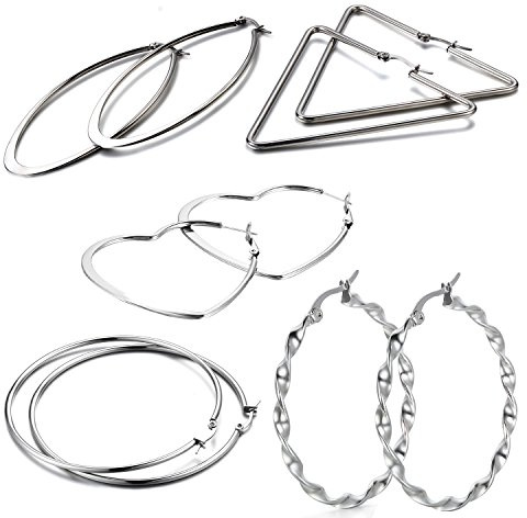 OIDEA Orecchini per Donna Orecchini in Acciaio Inox esagerati Hollow Vuoti Forma Cuore,Grande Anello Orecchie,Ovale,Triangolo Argento(5 Coppie)