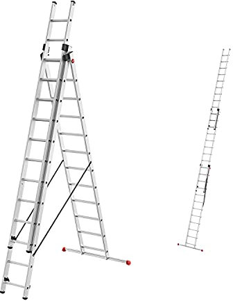 Hailo HobbyStep combi 3-in-1 Alu-Kombileiter | 3 x 12 profilierte Sprossen bis 150 kg | Anlegeleiter, Schiebeleiter und Bockleiter in einem | inkl. Alu Einhängetritt | Made in Germany | silber