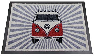 BRISA VW Collection - Volkswagen Fuß-Matte-Tür-Vorleger-Schuh-Schmutzfang-Abstreifer mit T1 Bulli Bus Motiv (Samba/Streifen/Rot)