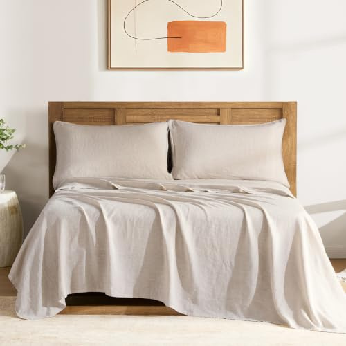 DAPU Pure Linen - Juego de sábanas 100% Lino francés de Normandía, Transpirable y Duradero para Personas Que Duermen con Calor, Juego de 4 Piezas, 1 sábana encimera, 1 sábana Bajera, 2 Fundas de