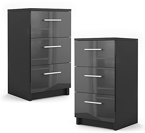 Vicco Nachttisch, Nachtkommode, Schwarz Hochglanz, 38 x 66 cm 2er Set