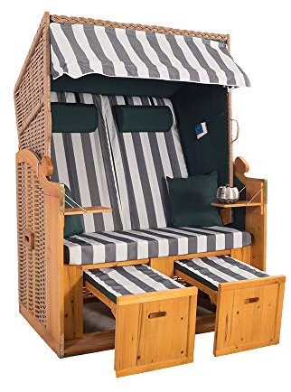 2-Sitzer Strandkorb Hörnum mit Fußablagen – inkl. Nackenkissen und Kuschelkissen Set - Ideal für Garten, Terrasse oder Balkon (Geflecht - Natur, Grün-Grau - Blockstreifen)