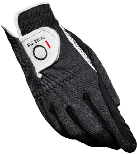 FINGER TEN Guantes de golf para hombre con agarre de lluvia para mano derecha, resistentes al desgaste, antideslizantes, flexibles, duraderos (negro, M/L para usar en la mano derecha)