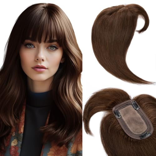 Elailite Haartopper Extensions Frauen Toupet mit Bang 100% Remy Echthaar 150% dicke 7 * 13cm Basis Clip in Haarverdichtung 18’’(45cm): 53g #04 Mittelbraun