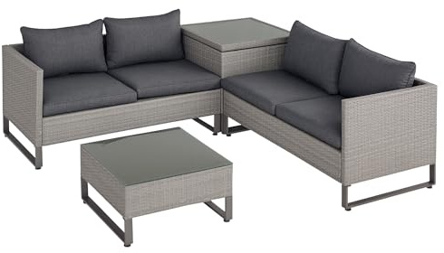 Outsunny 4 Pieces Rattan Garden Furniture Set 4 Seater Storage Box Grey | Garden Sofa Set, Loveseats, Glass Top Table, Wicker Outdoor Conservatory Furniture, Cushions, Outdoor Patio