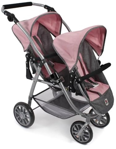 Tandembuggy Vario - Cochecito Doble para Dos muñecas, para niños de 4 a 8 años, Color Gris y Rosa