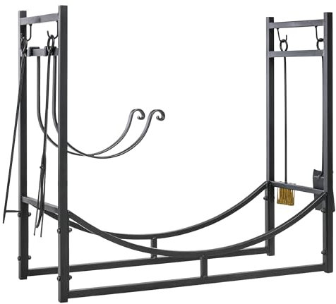 Outsunny Portalegna da Interno ed Esterno in Metallo con Paletta, Scopa, Attizzatoio e Pinza, Nero, 84x33x76cm