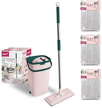 York - Mopp Flach | Ausgedrückt mit Eimer | Handy von York | Rosa-grün | Standard | 3-Austauschbarer Ersatz | Wischbezüge 3 STK… | Flachwischer mit Auswringfunktion für Nass- und Trockenreinigung, geeignet für Laminat, Fliesen und Hartböden, 3 Stück