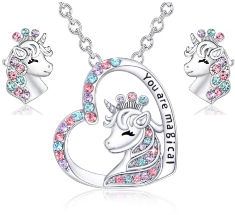 ankbrats Einhorn schmuck Set, süße Einhorn Herz Halskette | Nickelfreies Charm Ohrringe Halsketten Set für Damen