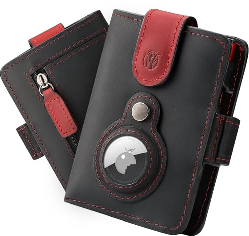 Will Fire® Smart Wallet Herren mit Airtag (1. & 2. Gen)-Fach & Photokapsel | Inkl. Anhänger | Echtleder Airtag Wallet mit Münzfach & Scheinfach | RFID Schutz | 12 Karten | [Black-Red, Wildleder]