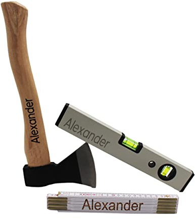 Geschenk Set Beil Zollstock Wasserwaage mit Wunsch-Namen oder Spruch | Geschenk Set individuell graviert | Beil Zollstock Wasserwaage personalisiert | Geschenke für Männer Papa, Geburtstagsgeschenk