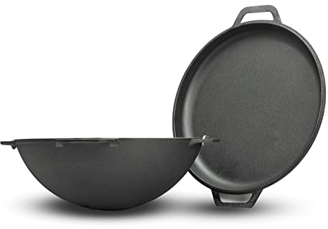 4BIG.fun Gusseisen Kazan 12 L Schwenktopf Kasan mit Deckel-Bratpfanne Wokpfanne Grill Cast Iron Campingtopf Kessel Asia Wok Traditioneller Gusstopf Grillwok