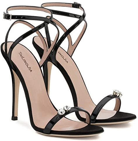 WOkismD Damen Sandaletten Kreuz Knöchelriemen Stiletto Sandalen Offene Spitze Riemchen High Heels Party Hochzeit Pumps Schuhe mit Strassverzierung,Schwarz,39