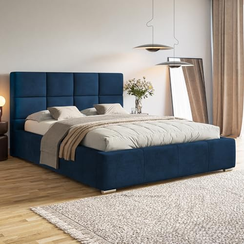 MOTIVENA Luna Bett 140x200 Blau Samt, mit Stauraum, mit Kopfteil, mit Lattenrost, mit Füßen, ohne Matratze, Polsterbett 140x200 mit Bettkasten Blau (Dunkelblau)