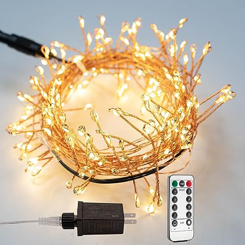 RESNICE Plug in Firecracker Lights 33FT 300 LED Warm White Copper Wire Indoor Cluster Fairy Lights with Remote Timer for Bedroom, Living Room, Tree, Garden, Porch, Patio, Backyard, Christmas Tree