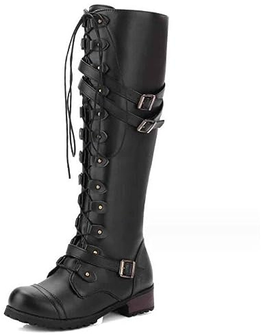 Stivali medievali in pelle PU - Scarpe da equitazione con scarponi lunghi allacciati regolabili - 1 paio di scarpe medievali da donna - Stivali Cosplay SCA LARP Riding Costume Boot,Nero,38