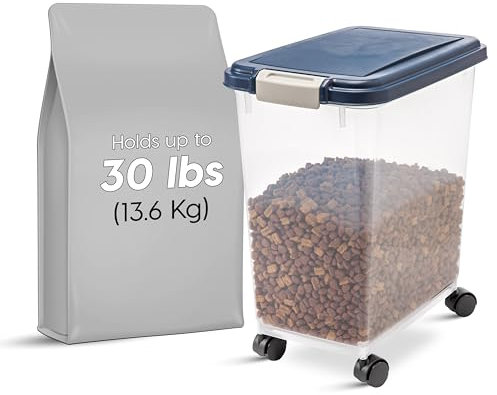 Iris Ohyama Katzenfutter Aufbewahrung mit Rollen, 30L/11kg, Graublau, Luftdichte Futterbox, Trockenfutter, Futterbehälter, Für Hunde, Katzen, Tierfutterbehälter, BPA-frei, Futtertonne, MP-8