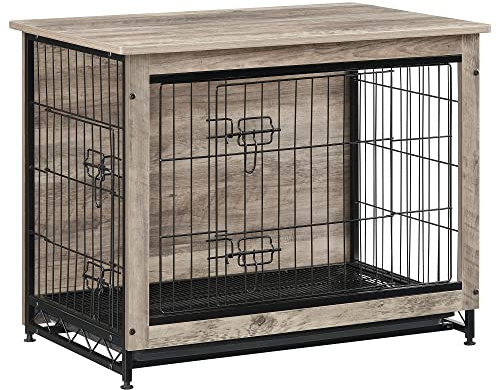 Feandrea Hundekäfig Möbel, Beistelltisch, Hundebox, Moderne Hundehütte Indoor für Hunde bis zu 20 kg, hochbelastbar, Hundehaus für Zuhause, herausnehmbares Tablett, 2 Türen, Greige PFC002G01