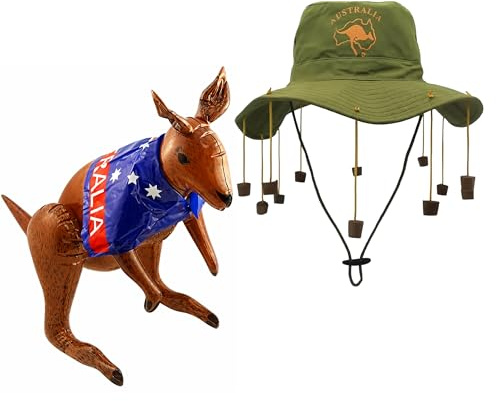 FNA FASHIONS Adult Australian Cork Hat & Inflatable Kangaroo Fancy Dress Kit- The perfect ensemble for any Aussie-themed event!
