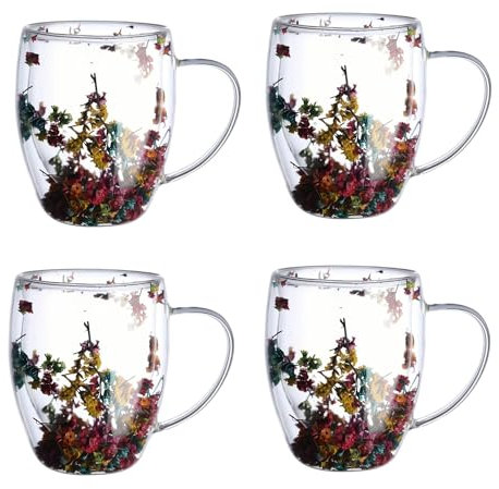 Set di 4 Tazzine Caffè in Vetro con Fiori Veri, 8,5 once12 once a Doppia Parete