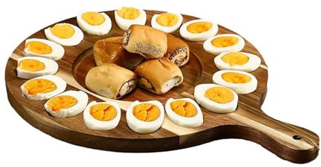 Bandeja para huevos rellenas de 1/2 piezas - Bandeja para huevos con asa | Bandeja redonda para huevos con mango de madera, 24 platos duros, ligeros y reversibles, bandeja para servir para encimera, 1