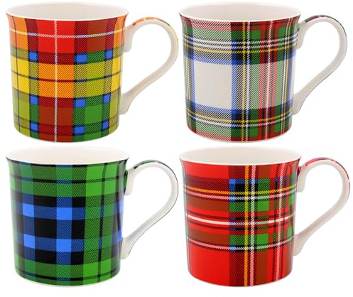 Lesser & Pavey Tartan Mugs Set of 4 | Ceramic Coffee Mugs Set for Home or Work | Premium Design Mugs Set for All Occasions | Lovely Mugs for Tea, Coffee & Hot Drinks