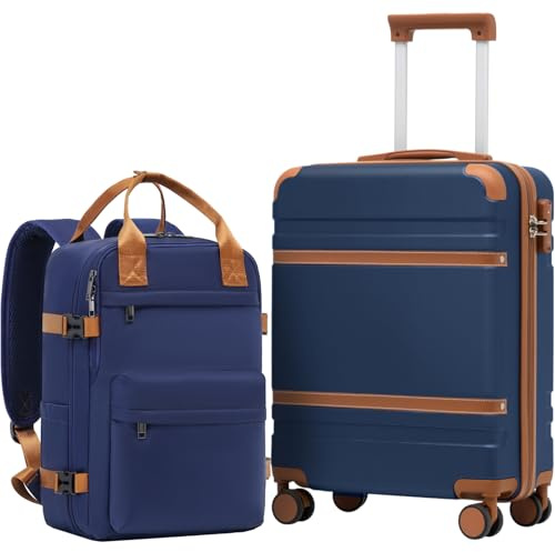 COOLIFE Kabinväska 55 x 35 x 20 cm för Ryanair flygplan handbagage kabinbagage hårt skal med TSA-lås och 4 tvillinghjul 2 års garanti, Blå/brun, 55 x 40 x 20cm -Set 2tlg, Kabinväska handbagage vagn