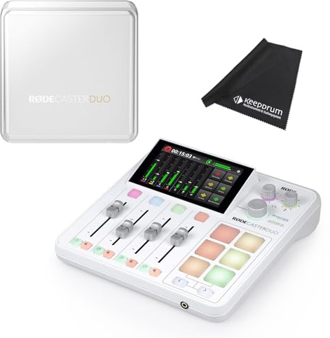 Rode Rodecaster Duo Weiss Mischpult mit Rodecover Duo Schutz-Abdeckung und keepdrum Mikrofasertuch