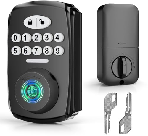 PHYSEN Fingerprint Door Lock - Keyless Entry Deadbolt with Handle - Smart Front Door Lock Set - Auto Lock - Waterproof - Matte Black
