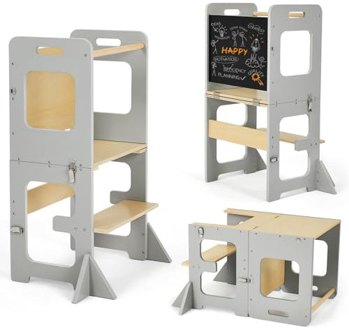 Labebe Lernturm für Kinder, Montessori Learning Tower mit Tafel, Multifunktion 3 in 1 Faltbarer Lernturm, Lernturm ab 1 Jahr für Küche Tisch Bad Lerntower（Grau）