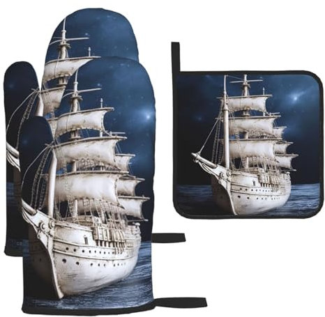 Ofenhandschuhe und Topflappen, 3-teiliges Set, Kochhandschuh, Vintage-Stil, nautisches Schiff, Ofenhandschuh, hitzebeständig, Ofenhandschuh zum Kochen, Küche, Ofenhandschuhe, rutschfeste