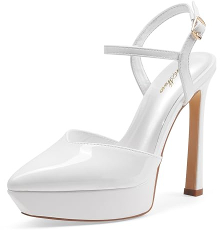 GENSHUO platå höga klackar damer spets stilett sandaler med ankelrem sexiga stängda pumps 13 cm/5 tum stilett för fest bal, Mjölkig vit, 42 EU