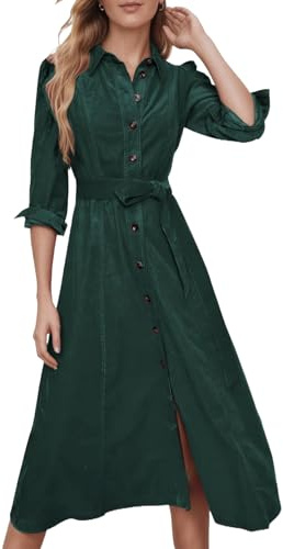 YEXPINE Women's Corduroy Maxi Dress Long Sleeve Cord Button Down Shirt Long Dress with Belt Dark Green