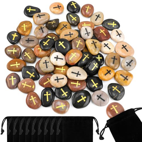 Nuanchu 72 Set Kreuz-Gravursteine, Großpackung mit Samtbeuteln, Gebet, Glaube, Felsen, poliert, Fluss, Kieselsteine, inspirierende Steine, Ostern, religiöse Geschenke für Taufe, Heilige Kommunion,