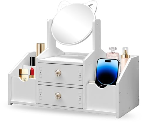 SAVOSWEET Cosmetic Organizer,Schminktisch Organizer mit Spiegel,Desktop Kosmetik Organizer,Make up Organizer mit Schublade für Kommode/Schlafzimme/Badezimmer