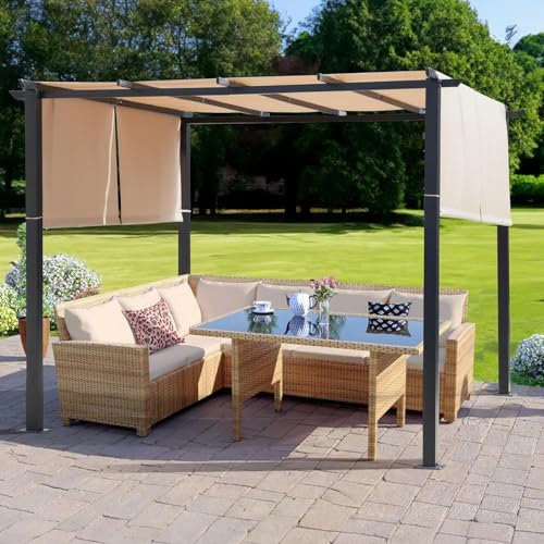 Gazebo, bigzzia Metal Pergola With Retractable Roof,Outdoor Parasol Features Water-Resistant And SPF 15 With PU Coated Canopy,Sun Shade For Garden Party Barbecue Event (Gray, 6.5Ft*10Ft)