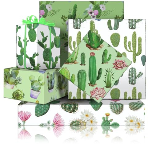 Papel de regalo de cactus de 6 hojas con juego de cinta, cactus verde con flores rosadas, plantas tropicales en maceta, suculentas, papel de regalo plegado plano para mujeres y hombres, fiesta