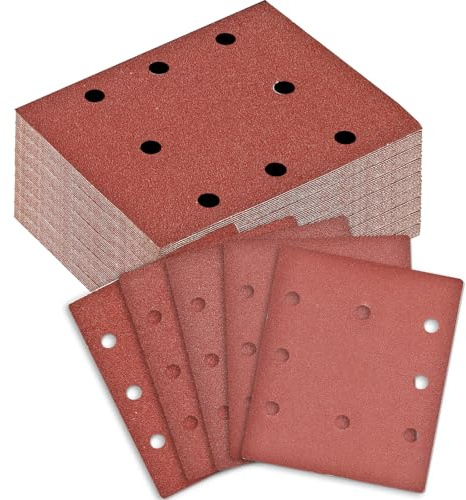 BIGP 100 Pezzi Fogli Abrasivi per Levigatrice Orbitale, Dischi Abrasivi Carta Vetrata a 8 Fori, 20 Ogni Grana: 40/60/80/120/240, Adatto per Lucidatura, Rimozione della Ruggine, Finitura (115x145mm)