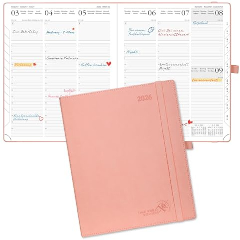 POPRUN Kalender 2026 Wochenplaner 26,5 x 21,5 cm, 12-Monate-Terminplaner (Jan.2026-Dez.2026), Buchkalender 1 Woche 2 Seite Softcover mit PU-Leder - Rosa