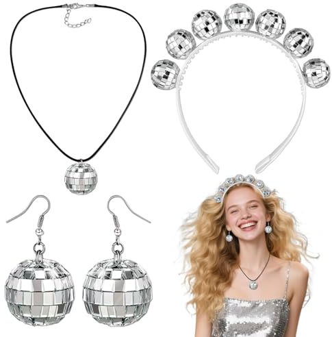 Disco Stirnband Kugelkopf 1 Paar Disco Ohrringe 1 Stück Disco Kopfband Kugelkopf Reflektierende Spiegelkugel Ohrring Zubehör Disco Kugel Kopfband Ohrringe für 70er 80er Disco