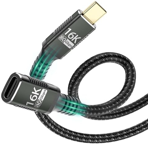 USB-Typ-C-Verlängerungskabel, kurz, 0,6 m, kompatibel mit Thunderbolt 5 Extender, 80 Gbit/s Datenübertragung, USB-C-Stecker auf USB-C-Buchse, 8K/16K Display/PD 240 W, für Thunderbolt 4/3/USB 5/4/SSD