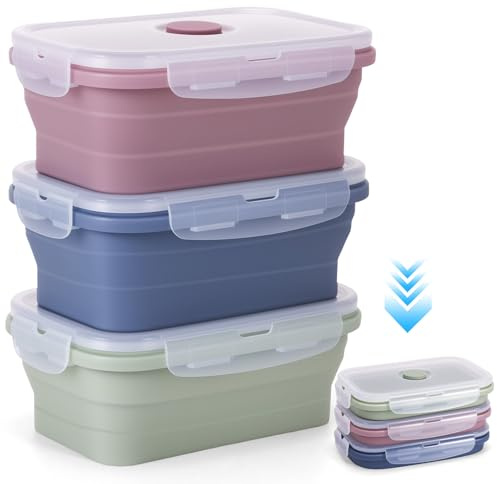 Faltbare Brotdose - 3 Stück 550ML Silikon Faltbare Frischhalteboxen mit Deckel, Bento Box Essensbox, Faltbare Schüssel für Mikrowelle, Kühl- und Gefrierschrank, Lunchbox, Camping Zubehör Faltschüssel