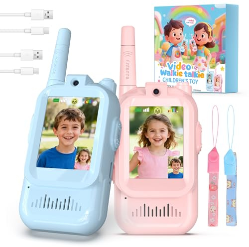 Video Walkie Talkie Kinder,2er Set Walky Talky Kinder Aufladbar Weihnachten Geschenk Spielzeug 3-12 Jahren Junge und Mädchen,5km Walki Talki für Abenteuer im Freien (Blau+Rosa, Einheitsgröße)