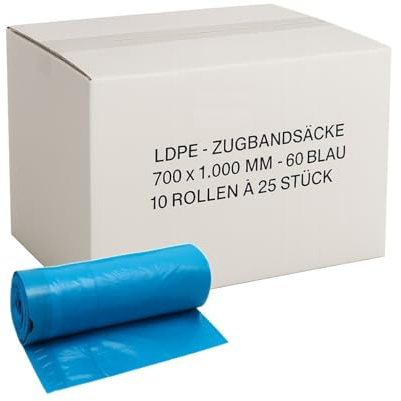 ARLI 250x Zugbandsäcke 120L Müllsäcke 700 x 1000 mm aus LDPE Regenerat Typ 60 blau mit Zugbandverschluss für leichten bis mittleren Abfall