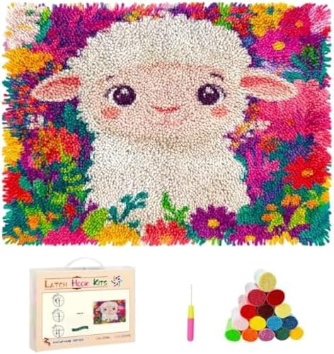 Wallphantom Kit de Tapis Point Noué,Mouton blanc mignon de dessin animé dans les fleurs sauvages,Crochet à Loquet pour Bricolage,Décoration d'Intérieur,Fabrication de Coussin,Kit à la Main,52x38cm